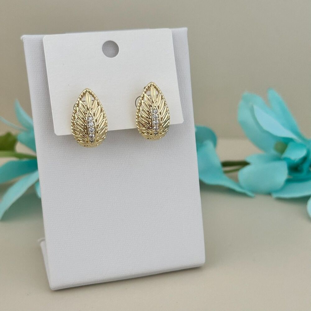 14K Gold Plated High Quality Women's Earring Stud Leaf Cubic Zirconia - Picture 3 of 8